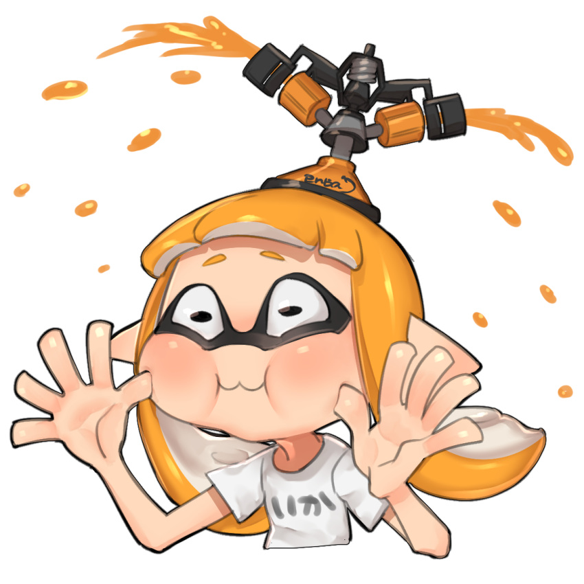 1girl :3 bangs black_eyes blunt_bangs blush cheek_bulge closed_mouth clothes_writing commentary_request constricted_pupils cropped_torso flat_chest forehead hands_up ink inkling inkling_girl long_hair making_faces object_on_head orange_hair pointy_ears puchiman puffy_cheeks shirt short_sleeves sidelocks simple_background solo splatoon_(series) sprinkler sprinkler_(splatoon) suction_cups tentacle_hair tentacles twintails upper_body white_background white_shirt