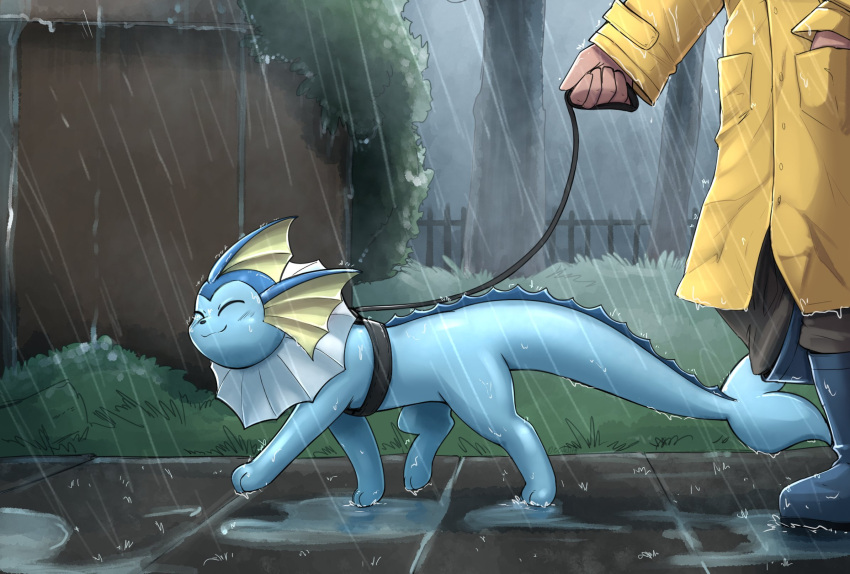 1other blue_footwear brown_pants closed_eyes closed_mouth coat english_commentary full_body grass hand_in_pocket happy head_fins highres leash long_sleeves otakuap outdoors pants pokemon pokemon_(creature) rain rain_boots raincoat tree vaporeon walking yellow_coat