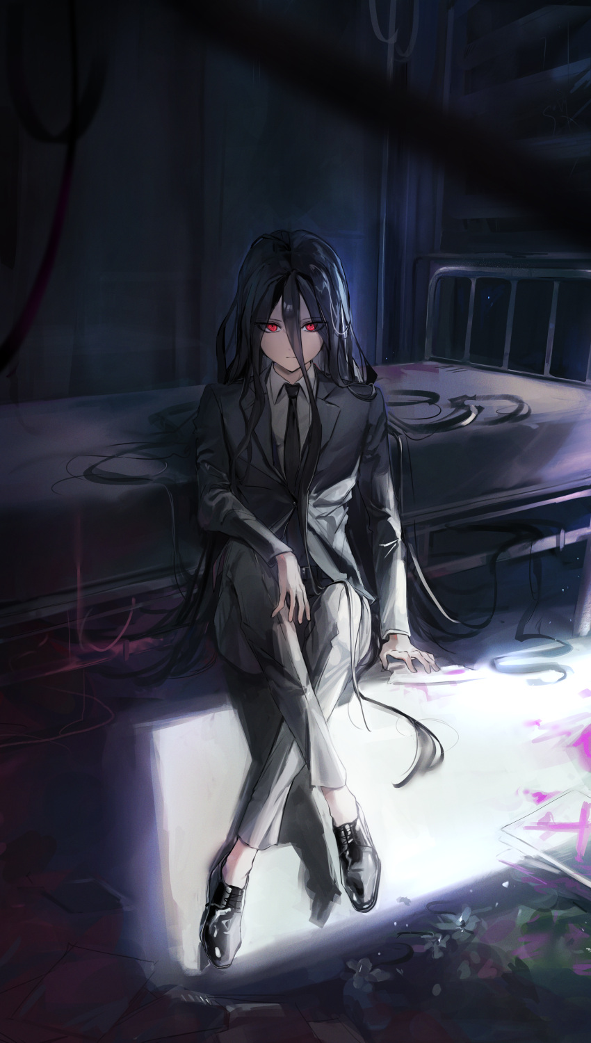 1boy absurdres arm_support bangs bed black_footwear black_hair black_jacket black_necktie black_pants collared_shirt crossed_legs danganronpa_(series) danganronpa_3_(anime) formal grey_shirt hair_between_eyes highres jacket kamukura_izuru light long_hair looking_at_viewer necktie on_ground pants r_aeel red_eyes shiny shiny_hair shirt sitting solo