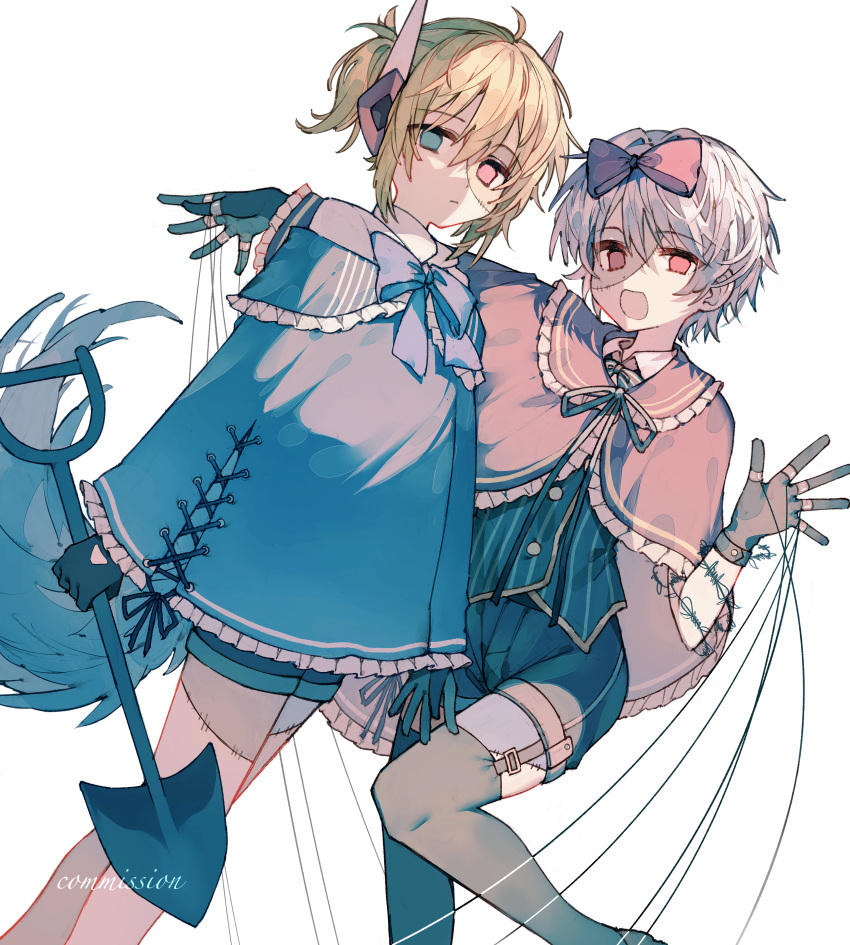 2girls :d absurdres ahoge antennae black_gloves black_thighhighs blonde_hair blue_bow blue_bowtie blue_dress blue_eyes bow bowtie buttons commission deep_(deep4946) dot_nose dress english_text expressionless frilled_dress frills garter_straps gloves grey_tail hair_bow heterochromia highres holding holding_shovel jewelry looking_at_viewer multiple_girls neck_ribbon one_side_up open_mouth original red_bow red_dress red_eyes ribbon ribbon-trimmed_dress ring short_hair shorts shovel sidelocks simple_background skeb_commission smile standing stitched_face stitched_leg stitches string striped striped_vest tail thigh-highs vest waving white_background white_hair