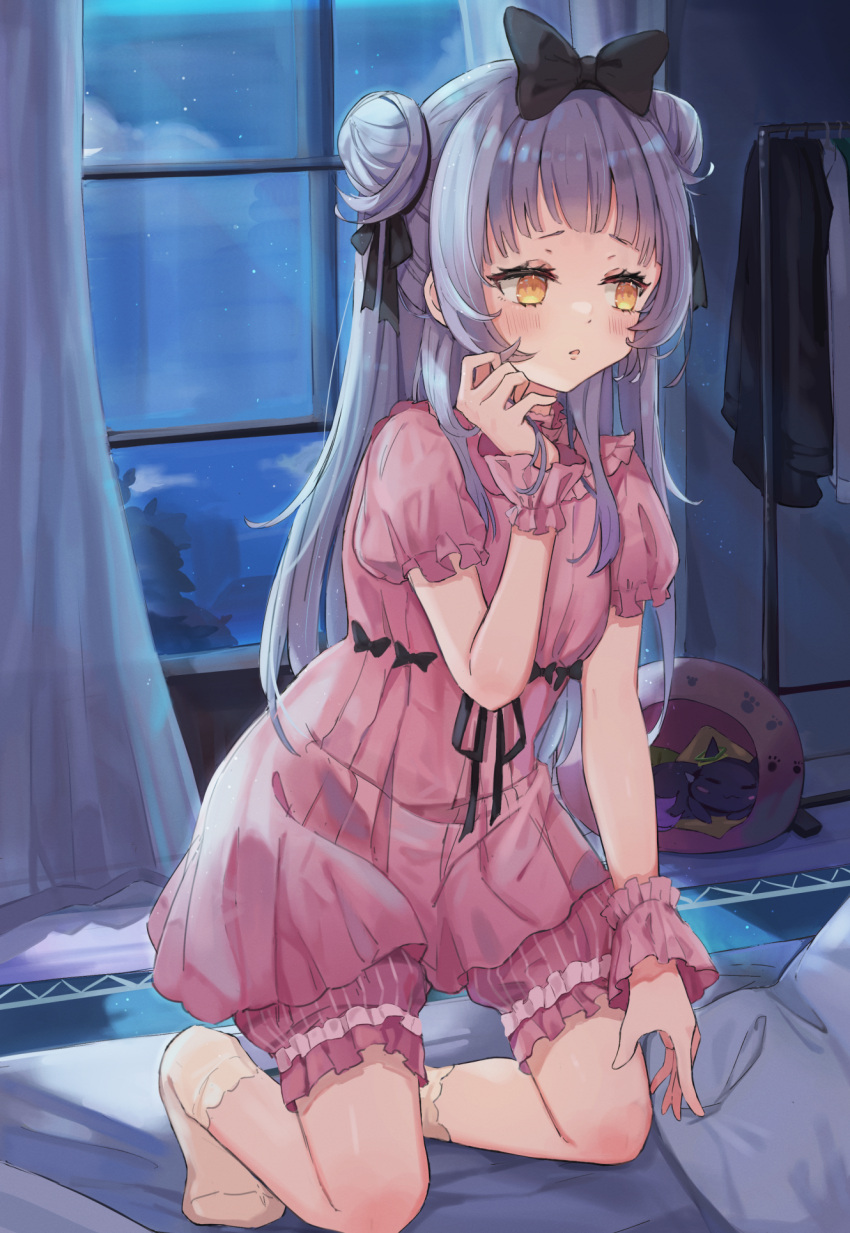1girl alternate_costume bedroom bloomers blush bow double_bun embarrassed full_body grey_hair hair_bow hair_bun hair_twirling highres hololive indoors kneeling long_hair miakiuehashi murasaki_shion no_shoes on_bed pajamas pink_bloomers sideways_glance socks solo two_side_up underwear virtual_youtuber white_socks wrist_cuffs yellow_eyes