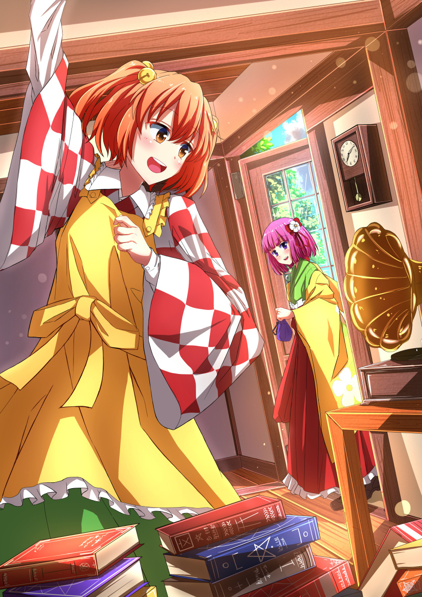 2girls absurdres analog_clock apron arm_up bangs bell blunt_bangs blush bob_cut book book_stack clock day door hair_bell hair_ornament hieda_no_akyuu highres indoors long_sleeves looking_at_another motoori_kosuzu multiple_girls open_mouth phonograph pink_hair shimotsuki_aoi short_twintails smile teeth touhou twintails upper_teeth violet_eyes yellow_apron