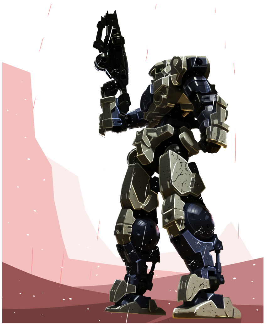 30_minutes_missions absurdres clenched_hand clip_studio_paint_(medium) from_side gun highres holding holding_gun holding_weapon looking_down mecha photo-referenced portanova railing robot rolan-ce science_fiction solo standing weapon