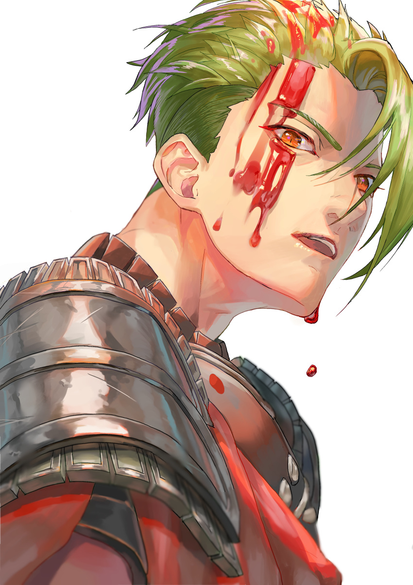 1boy absurdres achilles_(fate) armor bangs blood blood_on_face commentary_request fate/apocrypha fate/grand_order fate_(series) green_hair highres looking_at_viewer male_focus open_mouth orange_eyes po-ra_dai short_hair shoulder_armor simple_background solo upper_body white_background