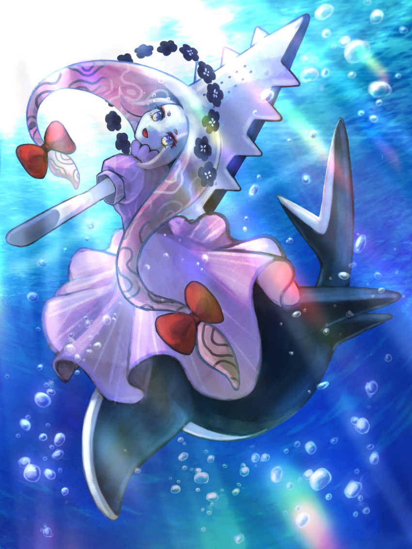 1girl :d air_bubble blue_eyes bubble dress from_behind highres looking_at_viewer looking_back mermaid monster_girl no_hands open_mouth original pink_dress ruteko_(ruko220) shark shark_girl smile solo taur tentacle_hair underwater white_hair