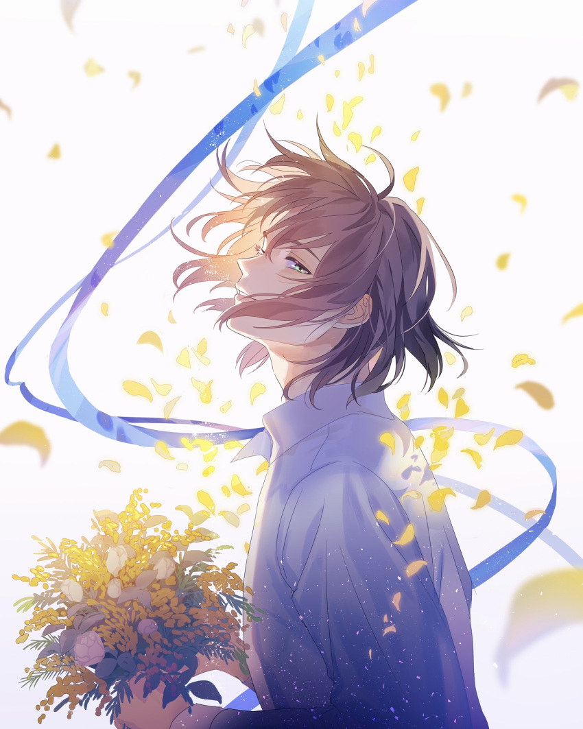 1boy axis_powers_hetalia blue_ribbon bouquet brown_hair collared_shirt falling_petals floating_hair flower green_eyes highres holding holding_bouquet leaf lithuania_(hetalia) long_sleeves looking_at_viewer looking_back male_focus medium_hair petals ribbon shirt solo vvvrsi3636 white_background white_flower white_shirt yellow_flower