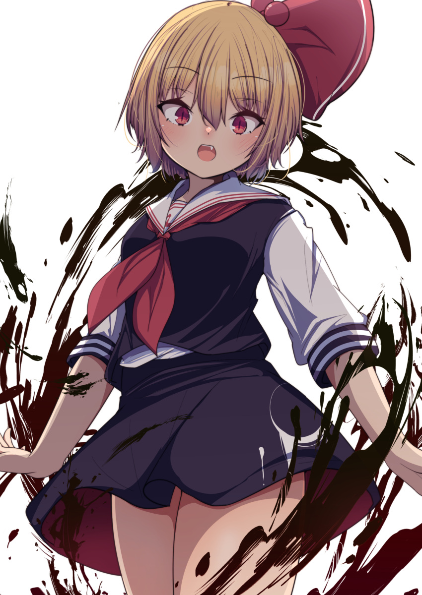 absurdres black_skirt black_vest blonde_hair collared_shirt darumoon fang frilled_skirt frills hair_ribbon highres long_sleeves miniskirt necktie outstretched_arms red_eyes red_necktie red_ribbon ribbon rumia sailor_collar shirt short_hair skirt skirt_set spread_arms touhou vest white_shirt