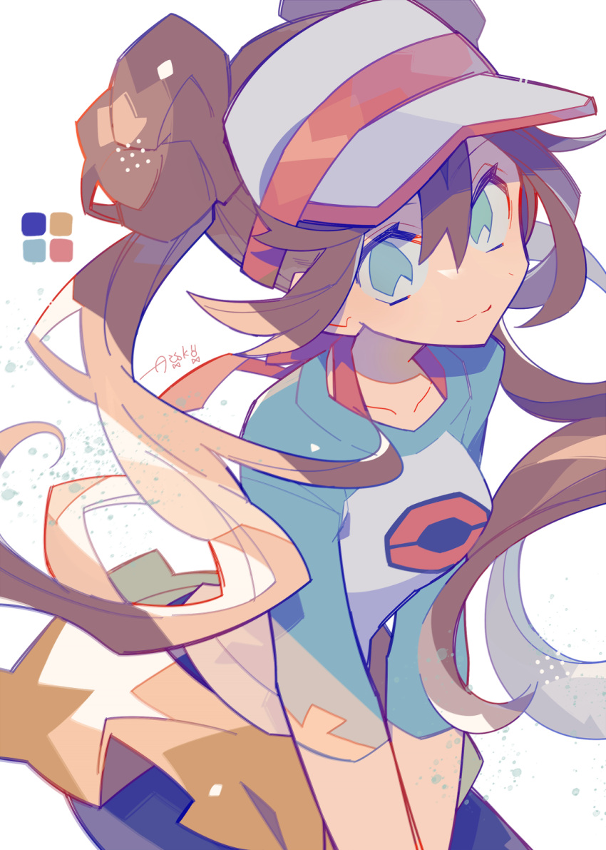 :3 auko black_pantyhose blue_eyes bow brown_hair double_bun doughnut_hair_bun hair_between_eyes hair_bun highres legwear_under_shorts long_hair looking_at_viewer pantyhose pink_bow pokemon pokemon_(game) pokemon_bw2 raglan_sleeves rosa_(pokemon) short_shorts shorts twintails very_long_hair visor_cap yellow_shorts