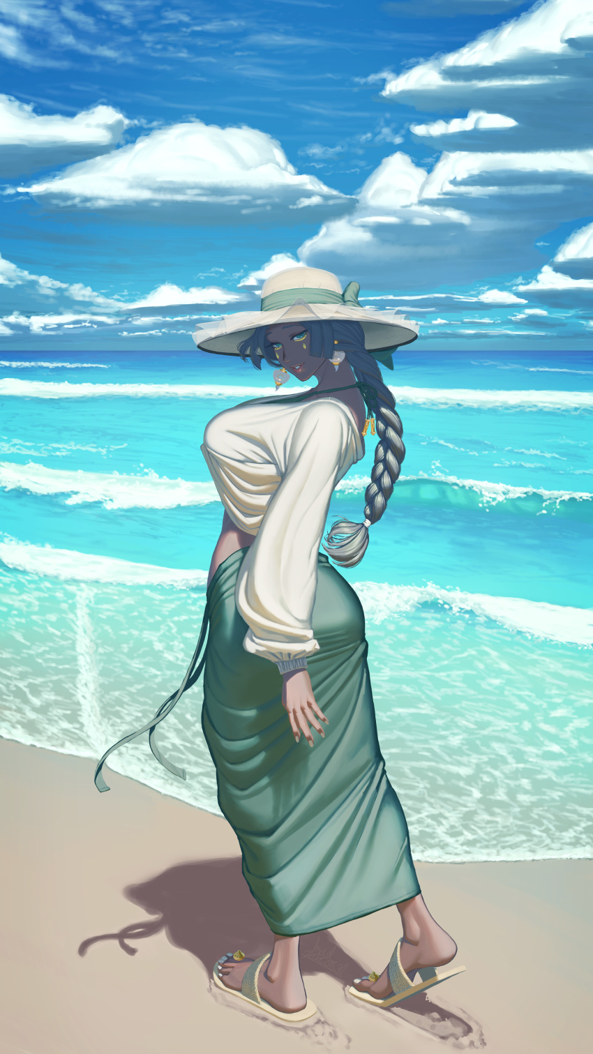 absurdres ass belly black_hair breasts ciel-nuage clouds cloudy_sky dark_skin earrings fate/grand_order fate_(series) full_body green_skirt hat highres jewelry large_breasts lipstick long_hair long_skirt looking_at_viewer looking_back makeup ocean sand scheherazade_(fate) shadow skirt sky slippers smile water waves