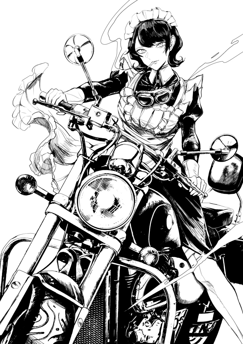 1girl apron cigarette fufu_(fufuichi04) goggles goggles_around_neck ground_vehicle highres looking_at_viewer maid monochrome motor_vehicle motorcycle original short_hair sitting smoking solo wind