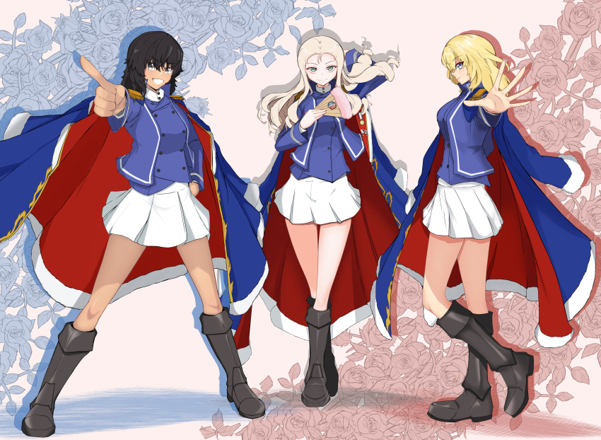 3girls absurdres andou_(girls_und_panzer) bangs bc_freedom_(emblem) bc_freedom_military_uniform black_eyes black_footwear black_hair blonde_hair blue_cape blue_eyes blue_jacket blue_vest boots brown_eyes cape closed_mouth commentary crossed_ankles dark-skinned_female dark_skin dress_shirt emblem epaulettes floral_background folding_fan girls_und_panzer green_eyes grin hand_fan hand_on_hip heel_up high_collar highres holding holding_fan jacket knee_boots long_hair long_sleeves looking_at_viewer marie_(girls_und_panzer) medium_hair messy_hair military military_uniform miniskirt multiple_girls oshida_(girls_und_panzer) parted_lips pleated_skirt pointing pointing_at_viewer pose reaching_out red_cape shadow shibainutank shirt skirt smile standing two-sided_cape two-sided_fabric uniform vest white_shirt white_skirt