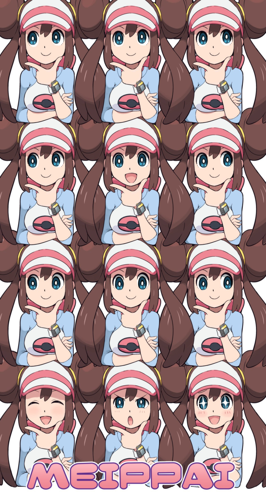 +_+ 1girl :d :o absurdres arm_under_breasts bangs blue_eyes bow breasts brown_hair closed_eyes closed_mouth commentary_request double_bun hair_bun hand_on_own_chin hand_up highres long_hair multiple_views open_mouth pink_bow pokemoa pokemon pokemon_(game) pokemon_bw2 pokemon_masters_ex raglan_sleeves rosa_(pokemon) shirt sideways_glance smile stroking_own_chin tongue twintails visor_cap white_headwear