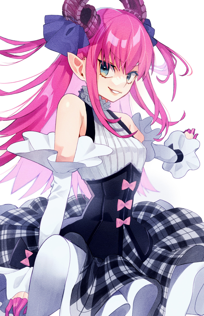 1girl asymmetrical_horns bangs bare_shoulders blue_eyes bow breasts circle_skirt commentary_request curled_horns detached_sleeves dragon_girl dragon_horns dress elizabeth_bathory_(fate) elizabeth_bathory_(fate/extra_ccc) elizabeth_bathory_(second_ascension)_(fate) fate/extella fate/extella_link fate/extra fate/extra_ccc fate/grand_order fate_(series) finger_cots hair_ribbon highres horns idol kujiraoka long_hair looking_at_viewer official_alternate_costume pink_bow pink_hair plaid plaid_skirt pointy_ears ribbon simple_background skirt small_breasts smile solo teeth twintails two_side_up upper_body white_background