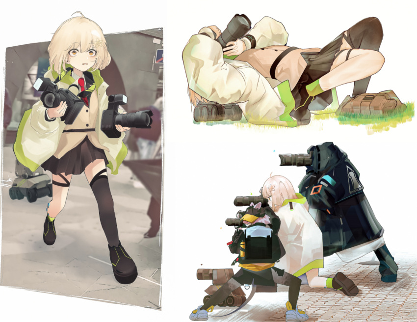 1boy 2girls arknights asymmetrical_legwear bag blonde_hair buttons camera click_(arknights) coat collared_shirt doctor_(arknights) grass hair_ornament holding holding_camera knee_up leaning_back lens_(arknights) multiple_girls multiple_views necktie one_knee photo-referenced photographer red_necktie rhodes_island_logo runamonet running scene_(arknights) shirt shoes shorts side_ponytail skirt star_(symbol) taking_picture white_shirt