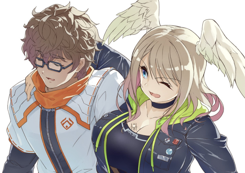 1boy 1girl arm_around_shoulder blue_eyes breasts brown_hair chest_tattoo closed_eyes dark-skinned_male dark_skin eunie_(xenoblade) glasses head_wings hood hooded_jacket jacket large_breasts namicha one_eye_closed scarf taion_(xenoblade) tattoo white_background xenoblade_chronicles_(series) xenoblade_chronicles_3