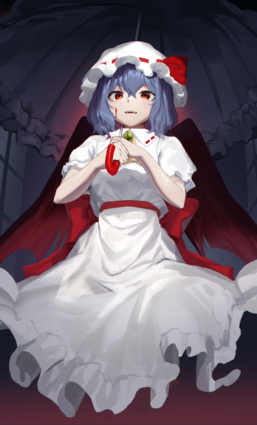 1girl absurdres blue_hair commentary dress goback hair_between_eyes hat highres holding holding_umbrella looking_at_viewer mob_cap open_mouth red_eyes red_wings remilia_scarlet short_hair short_sleeves solo teeth touhou umbrella upper_teeth white_dress white_headwear wings