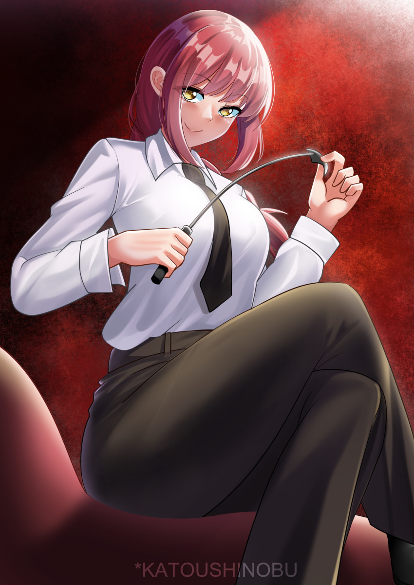1girl absurdres bangs black_footwear black_necktie black_pants black_suit braid braided_ponytail breasts chainsaw_man chair closed_mouth collared_shirt crossed_legs formal full_body highres holding holding_whip katou_shinobu light_smile long_hair long_sleeves looking_at_viewer makima_(chainsaw_man) medium_breasts necktie oxfords pants redhead ringed_eyes shirt sidelocks simple_background single_braid sitting solo suit white_shirt yellow_eyes