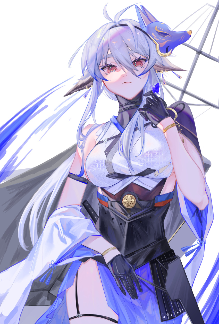 1girl absurdres animal_ears antenna_hair azur_lane bare_shoulders black_gloves blue_skirt breasts cowboy_shot detached_sleeves ear_piercing fox_mask gloves grey_hair hair_between_eyes half_gloves highres large_breasts long_hair looking_at_viewer mask mask_on_head piercing red_eyes ribbon rigging shino_pupille sidelocks simple_background skirt solo tosa_(azur_lane) white_background