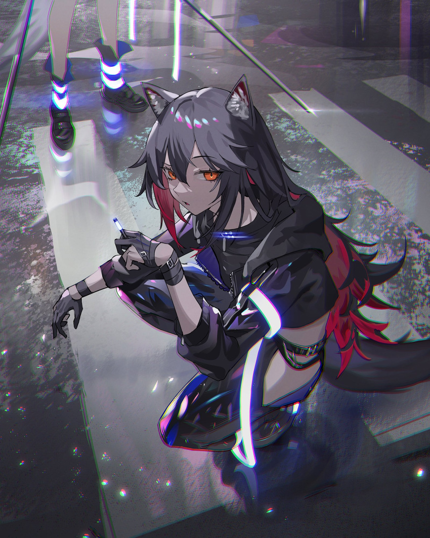 1girl ambience_synesthesia animal_ears arknights black_hair black_jacket black_pants cigarette gloves highres jacket krin long_hair multicolored_hair official_alternate_costume orange_eyes pants redhead smoking squatting tail texas_(arknights) two-tone_hair very_long_hair wolf_ears