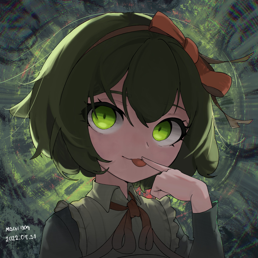 1girl bangs danganronpa_(series) danganronpa_another_episode:_ultra_despair_girls dated finger_to_tongue green_eyes green_hair hair_between_eyes hairband hand_up highres long_sleeves multicolored_background neck_ribbon opening_magician1309 red_hairband red_ribbon ribbon short_hair solo tongue tongue_out towa_monaka