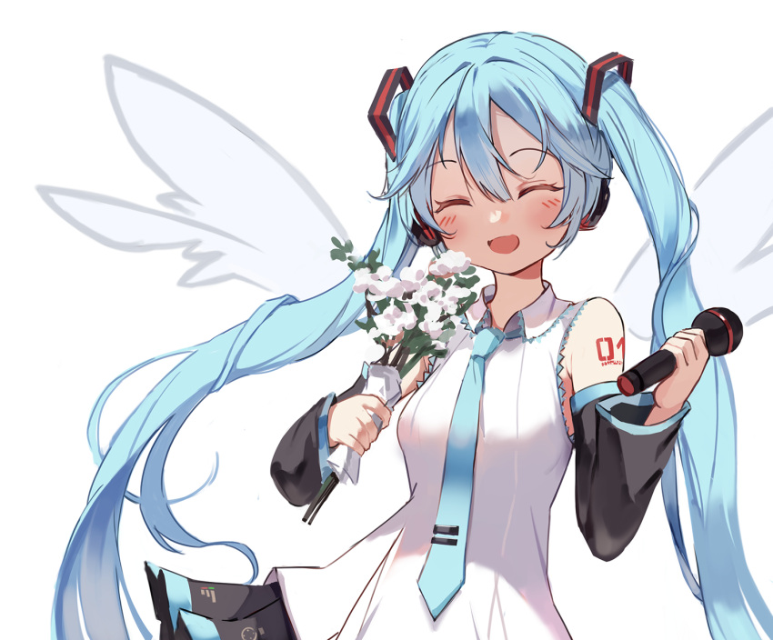 1girl :d ^_^ bangs bare_shoulders black_skirt black_sleeves blue_necktie blush bouquet breasts closed_eyes collared_shirt commentary detached_sleeves detached_wings english_commentary facing_viewer flower grey_wings hair_between_eyes hatsune_miku highres holding holding_bouquet holding_microphone long_hair long_sleeves microphone necktie orobou pleated_skirt shirt simple_background skirt sleeveless sleeveless_shirt small_breasts smile solo tie_clip twintails very_long_hair vocaloid white_background white_flower white_shirt wide_sleeves wings