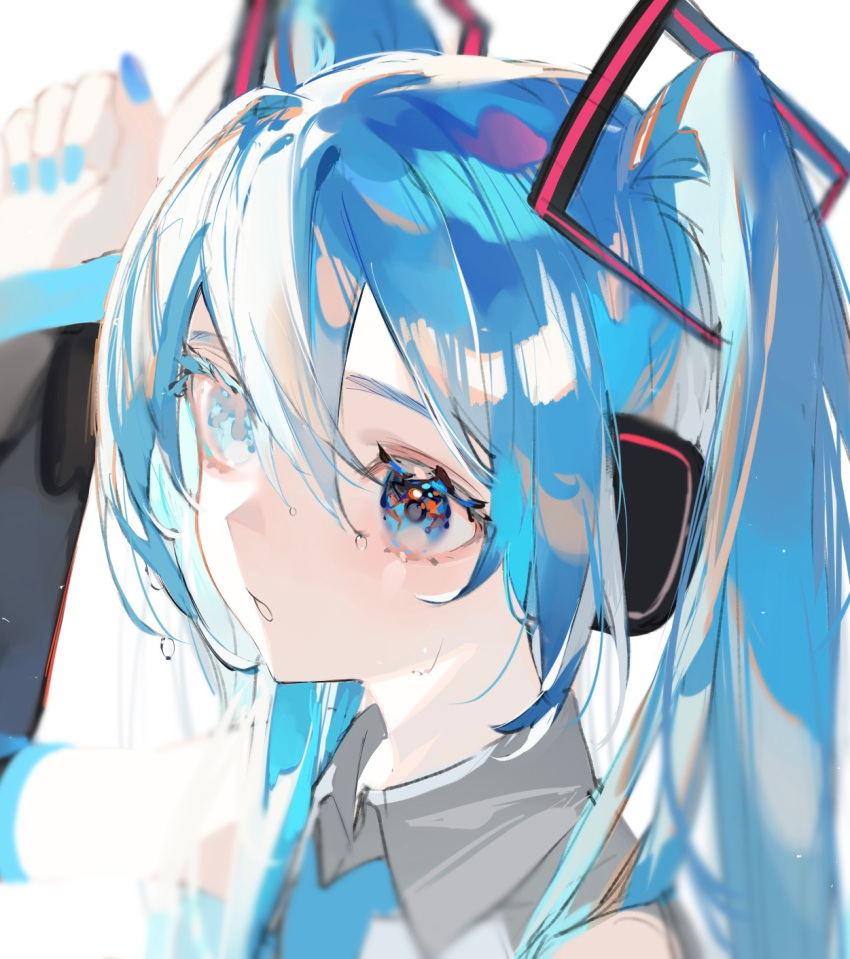 1girl arm_up bangs blue_eyes blue_hair blue_nails blurry collar depth_of_field detached_sleeves hatsune_miku headset highres parted_lips portrait shiny shiny_hair solo twintails vocaloid water_drop wet wet_hair white_background zumi_(neronero126)