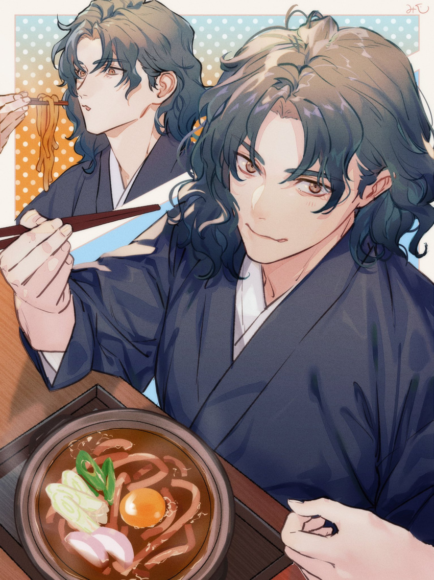 1boy alternate_costume alternate_hairstyle bangs black_kimono blowing blue_hair brown_eyes chopsticks commentary_request egg_(food) fate/grand_order fate_(series) food highres holding holding_chopsticks japanese_clothes kimono light_blush looking_at_viewer male_focus medium_hair multiple_views noodles parted_bangs ramen saitou_hajime_(fate) shiny shiny_hair smile solo upper_body user_ccmn5474