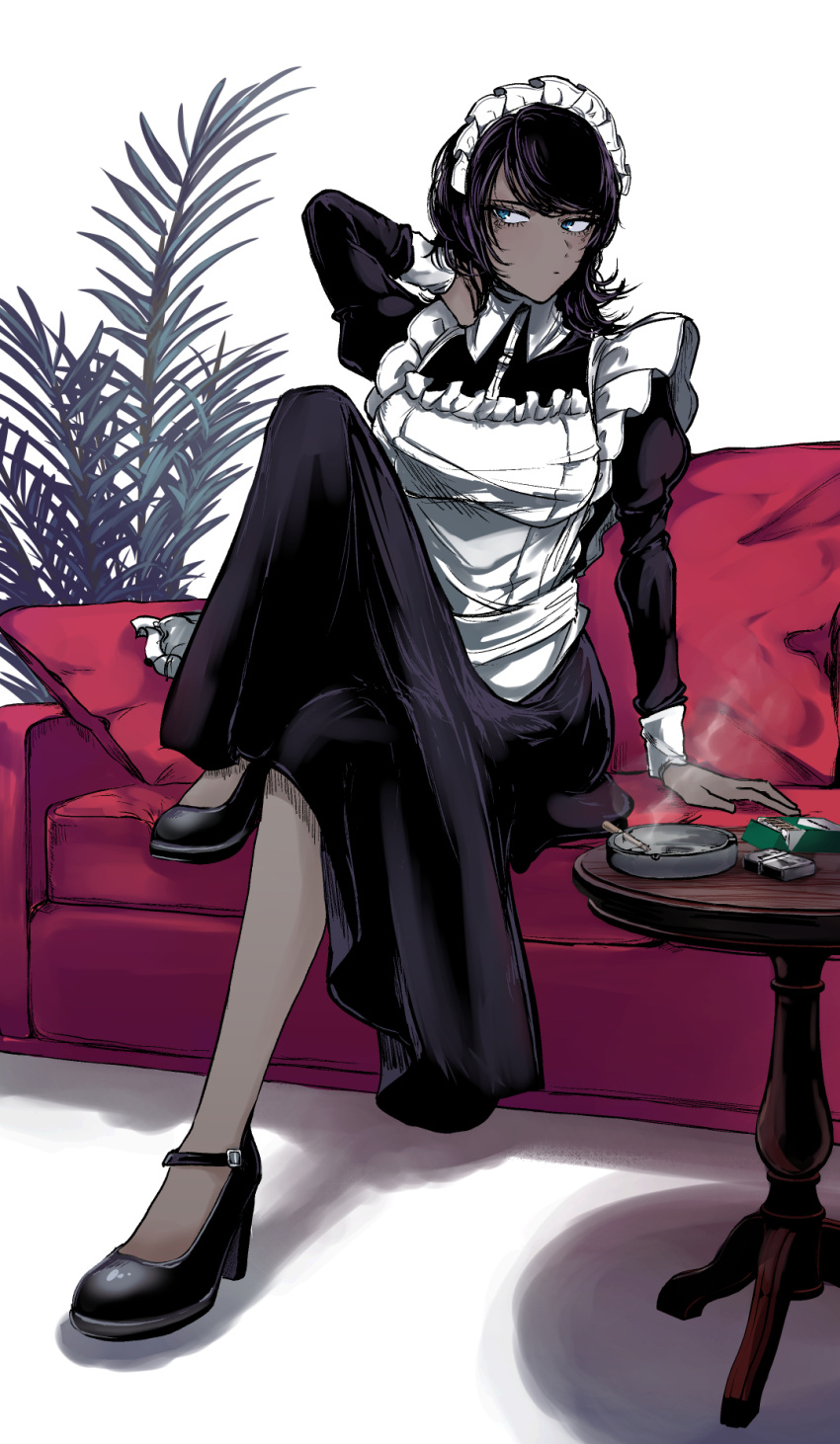 1girl apron arm_support ashtray blue_eyes cigarette cigarette_pack couch dark_skin fufu_(fufuichi04) highres lighter looking_to_the_side maid original plant potted_plant short_hair sitting smoke solo table
