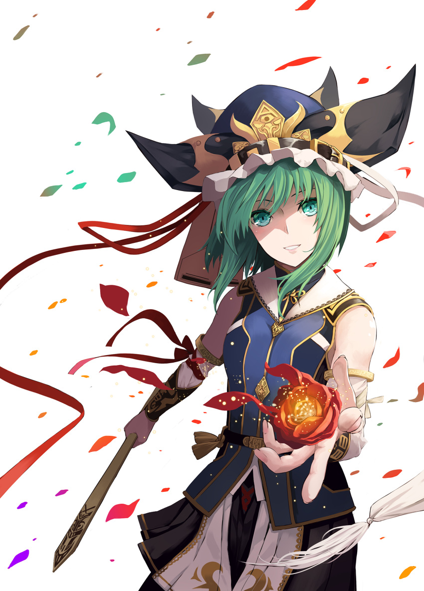 1girl absurdres bangs black_skirt blue_headwear blue_vest blush breasts commentary_request cowboy_shot detached_sleeves epaulettes flower frilled_hat frills green_eyes green_hair hair_between_eyes hat highres holding holding_flower ishida_kazuma looking_at_viewer parted_lips red_flower rod_of_remorse shiki_eiki skirt small_breasts smile solo touhou vest white_background white_sleeves