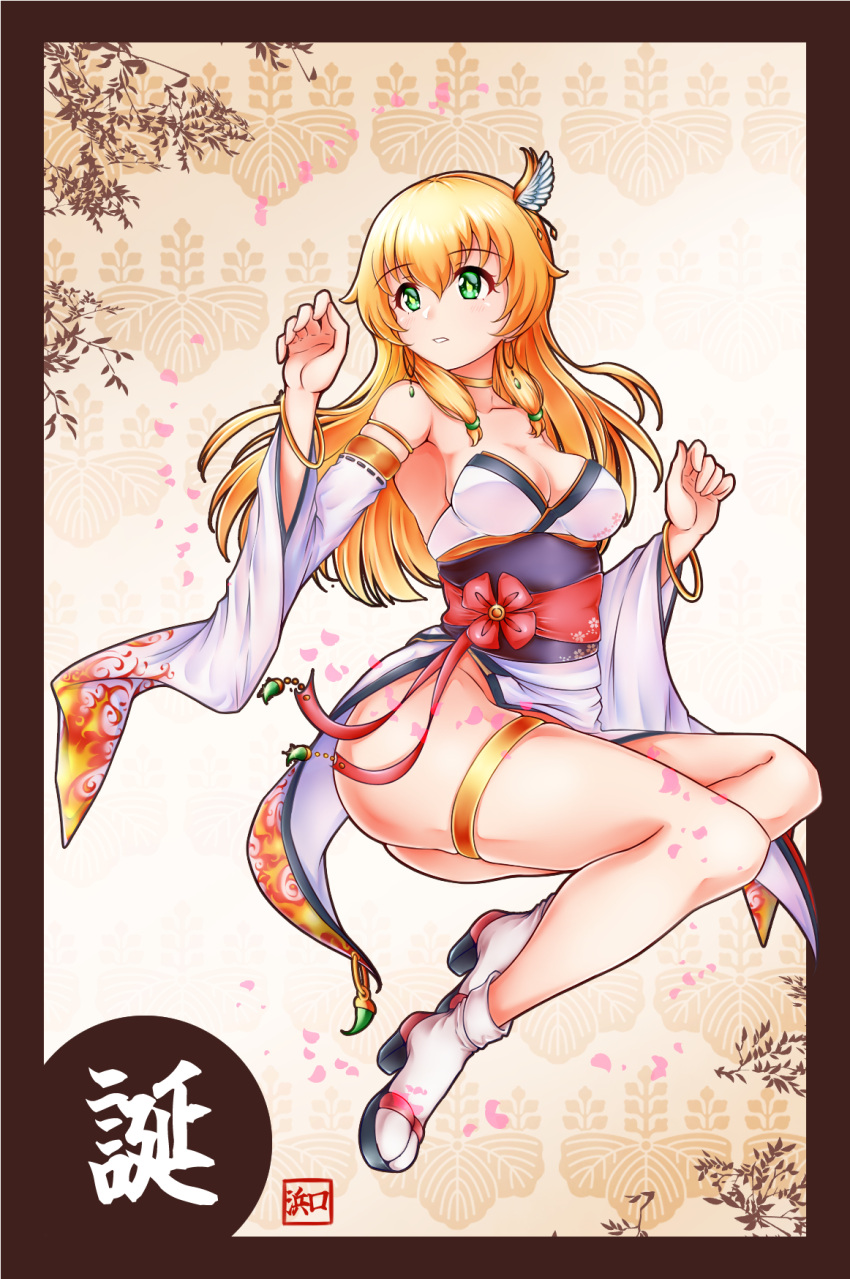1girl armlet artist_name bangs birthday black_border blonde_hair border bracelet breasts busan_no_hamaguchi carpaccio_(girls_und_panzer) commentary detached_sleeves earrings floating full_body girls_und_panzer green_eyes hair_bobbles hair_ornament highres hoop_earrings japanese_clothes jewelry kanji kimono legs long_hair looking_to_the_side medium_breasts neck_ribbon parted_lips pelvic_curtain red_sash ribbon sash shirt signature socks solo strapless strapless_kimono tabi thighlet white_kimono white_shirt white_socks wide_sleeves wing_hair_ornament