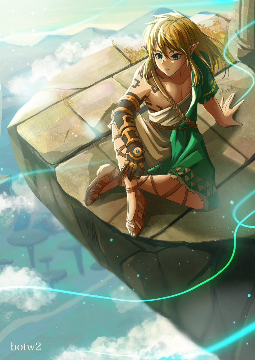 1boy asymmetrical_gloves asymmetrical_sleeves bangs blonde_hair blue_eyes blue_sky closed_mouth clouds cloudy_sky commentary_request day highres male_focus on_floor outdoors pillar pointy_ears sakuya_996 sandals sitting sky solo stone_floor the_legend_of_zelda the_legend_of_zelda:_breath_of_the_wild