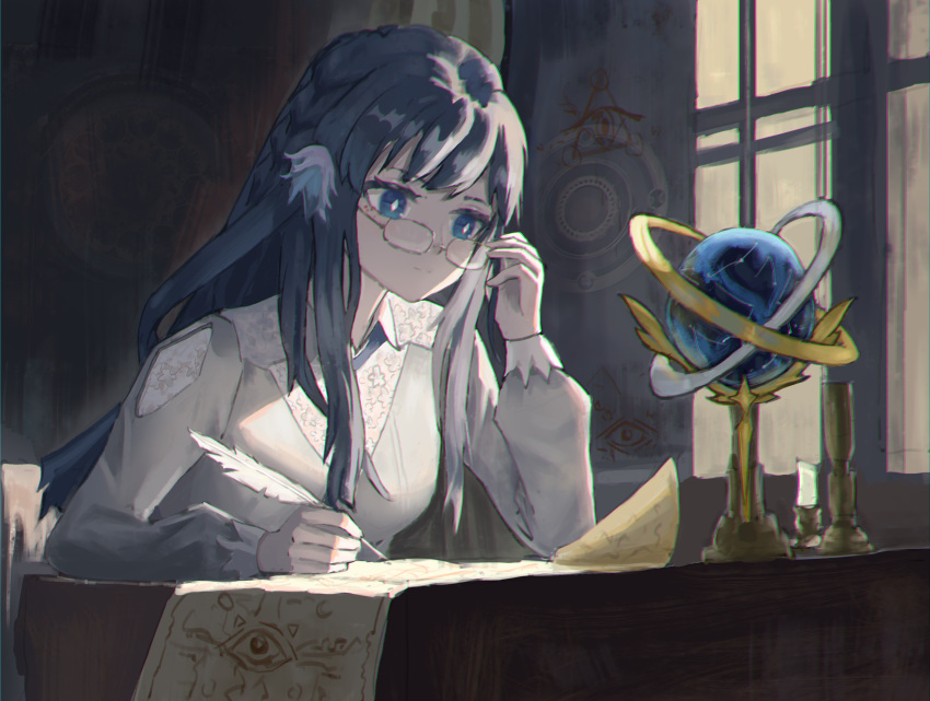 1girl absurdres animal_ears arknights astesia_(arknights) bird_ears blue_eyes blue_hair bright_pupils celestial_globe chromatic_aberration collared_shirt eye_of_providence glasses highres holding holding_eyewear indoors quill scroll serious shirt sitting solo white_pupils white_shirt window writing xiandai_quanru