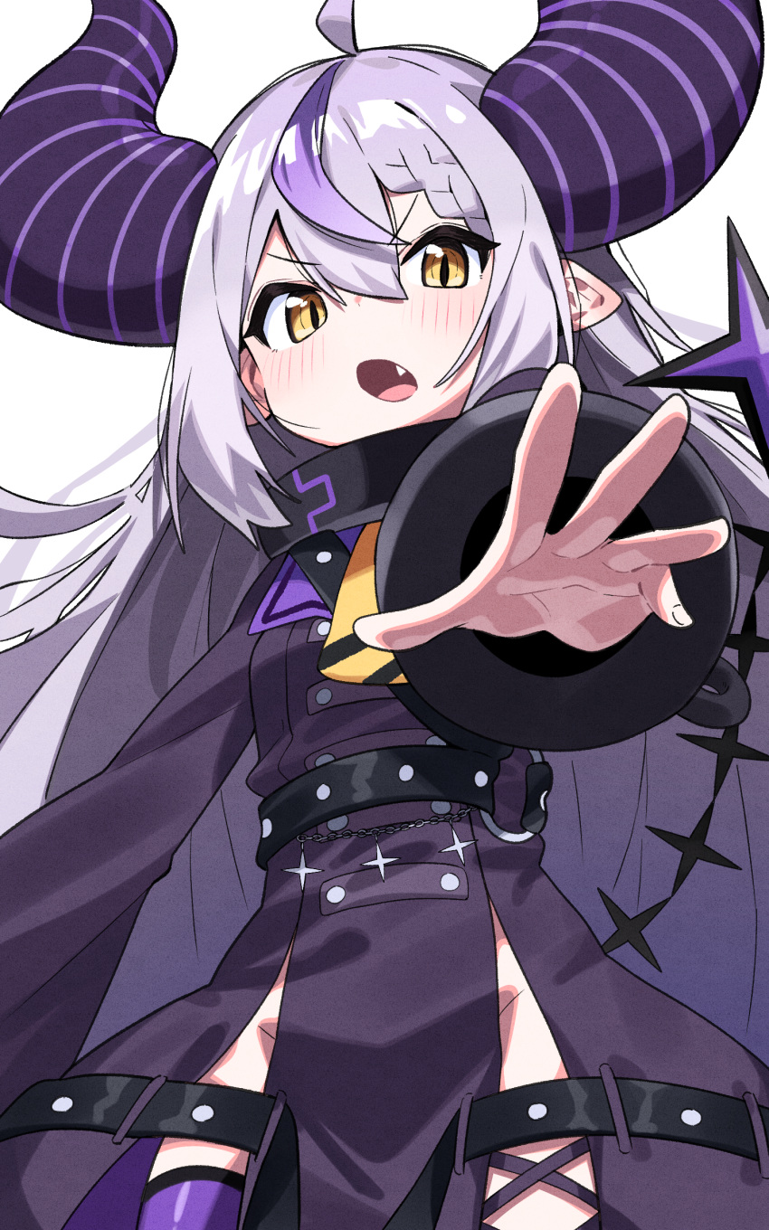1girl absurdres bangs black_dress blush braid braided_bangs brown_eyes demon_horns dress fang grey_hair groin hair_between_eyes highres hololive horns la+_darknesss long_hair long_sleeves looking_at_viewer multicolored_hair open_mouth pointy_ears purple_hair purple_thighhighs simple_background solo streaked_hair thigh-highs tosyeo v-shaped_eyebrows very_long_hair virtual_youtuber white_background