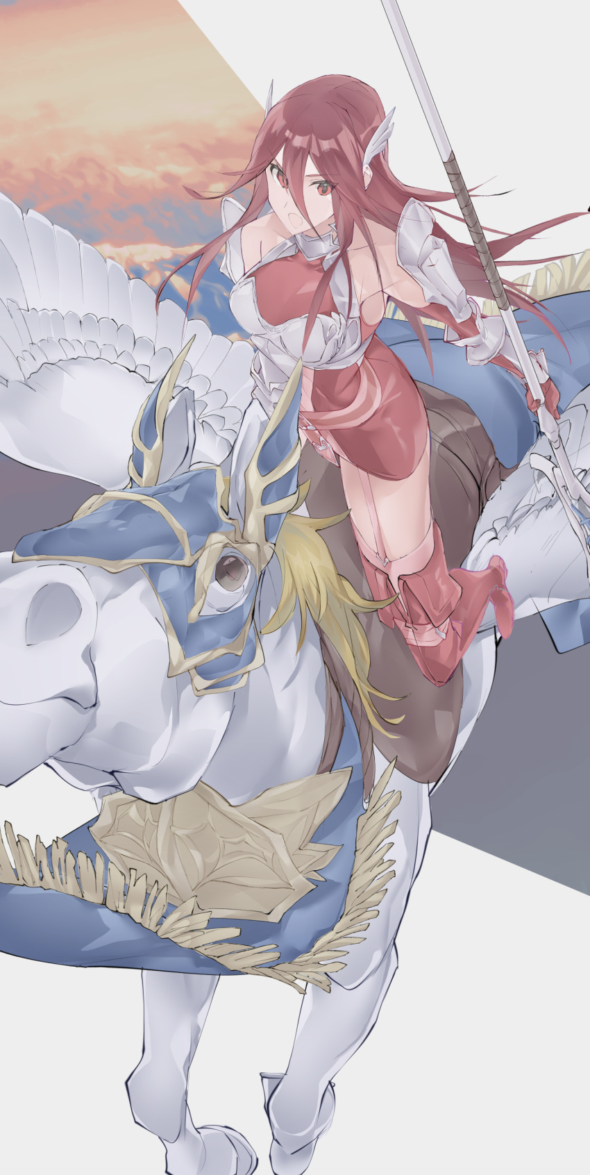1girl absurdres armor armored_dress bangs bare_shoulders belt breastplate clouds commentary_request cordelia_(fire_emblem) detached_sleeves dress feathered_wings fire_emblem fire_emblem_awakening flying garter_straps hair_between_eyes highres holding holding_polearm holding_weapon long_hair looking_away open_mouth pegasus pegasus_knight_uniform_(fire_emblem) pink_belt polearm red_dress red_eyes red_sleeves redhead riding sky sokoo spear very_long_hair weapon white_wings wing_hair_ornament wings