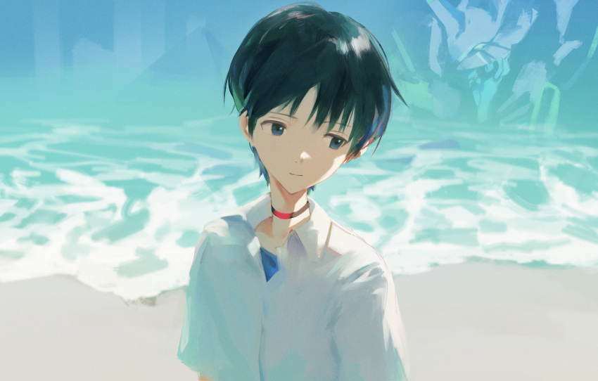 1boy 7ife absurdres bangs beach black_choker black_hair blue_eyes blue_hair choker closed_mouth day eva_01 highres ikari_shinji male_focus multicolored_hair neon_genesis_evangelion outdoors rebuild_of_evangelion school_uniform shirt short_hair tokyo-3_middle_school_uniform upper_body water white_shirt