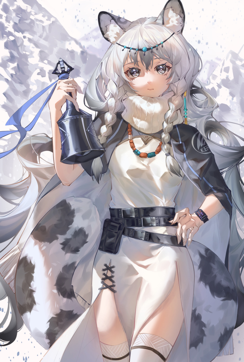 1girl absurdres animal_ear_fluff animal_ears arknights bangs bead_necklace beads bell belt black_hair braid cross-laced_clothes dress hair_between_eyes head_chain highres holding holding_bell jewelry long_hair looking_at_viewer multicolored_hair necklace pramanix_(arknights) shino_pupille snowing solo spotted_tail tail thigh-highs twin_braids white_dress white_hair