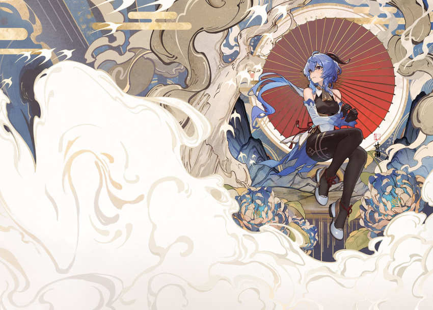 1girl bangs bare_shoulders bell blue_hair chinese_knot closed_mouth clouds commentary cover cowbell daniel_deng detached_sleeves english_commentary flower full_body ganyu_(genshin_impact) genshin_impact goat_horns highres holding holding_umbrella horns long_hair looking_to_the_side mountain neck_bell oil-paper_umbrella shoes solo umbrella white_flower white_footwear