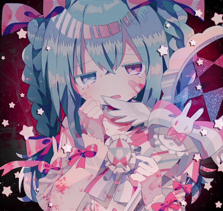 1girl aqua_hair bandaid bandaid_on_face bandaid_on_hand blood blood_on_clothes blood_on_face blood_on_hands blue_eyes braid colored_eyelashes crying hair_ribbon hands_up heterochromia holding holding_wand magical_girl open_mouth original pink_eyes pink_ribbon ribbon solo star_(symbol) sweat treccia_pechemint twin_braids usagi_nui wand