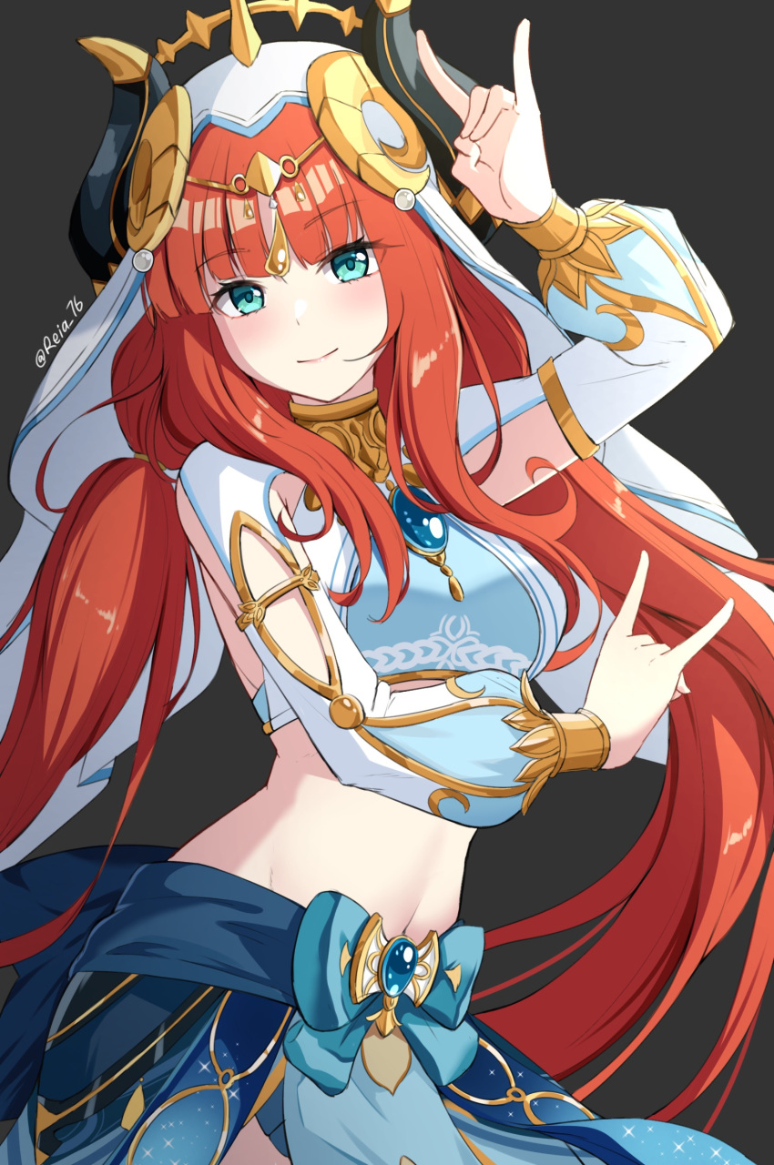 1girl arms_up bangs black_background blue_gemstone blush brooch clothing_cutout crop_top detached_sleeves forehead_jewel fox_shadow_puppet gem genshin_impact gold_trim green_eyes harem_outfit highres horns jewelry long_hair long_sleeves low_twintails midriff navel neck_ring nilou_(genshin_impact) parted_bangs puffy_long_sleeves puffy_sleeves redhead reia_76 shirt sidelocks solo twintails twitter_username vambraces veil vision_(genshin_impact) white_headdress white_shirt