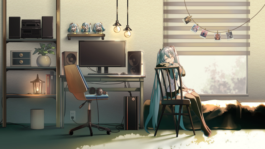 1girl bangs black_footwear black_skirt black_sleeves blinds blue_hair blush boots chair closed_eyes closed_mouth computer computer_tower desk detached_sleeves figure hair_between_eyes hatsune_miku headphones indoors keyboard_(computer) long_hair long_sleeves monitor mouse_(computer) office_chair photo_(object) pleated_skirt saihate_(d3) shirt skirt smile solo speaker thigh_boots twintails very_long_hair vocaloid white_shirt wide_sleeves window