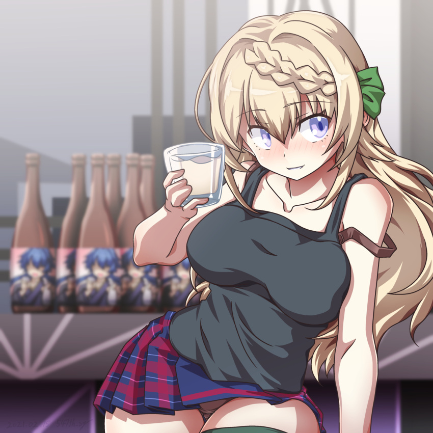 1girl 547th_sy alcohol beer blonde_hair blue_skirt braid braided_bun cup green_vest hair_bun highres jewelry kantai_collection necklace perth_(kancolle) skirt table vest violet_eyes
