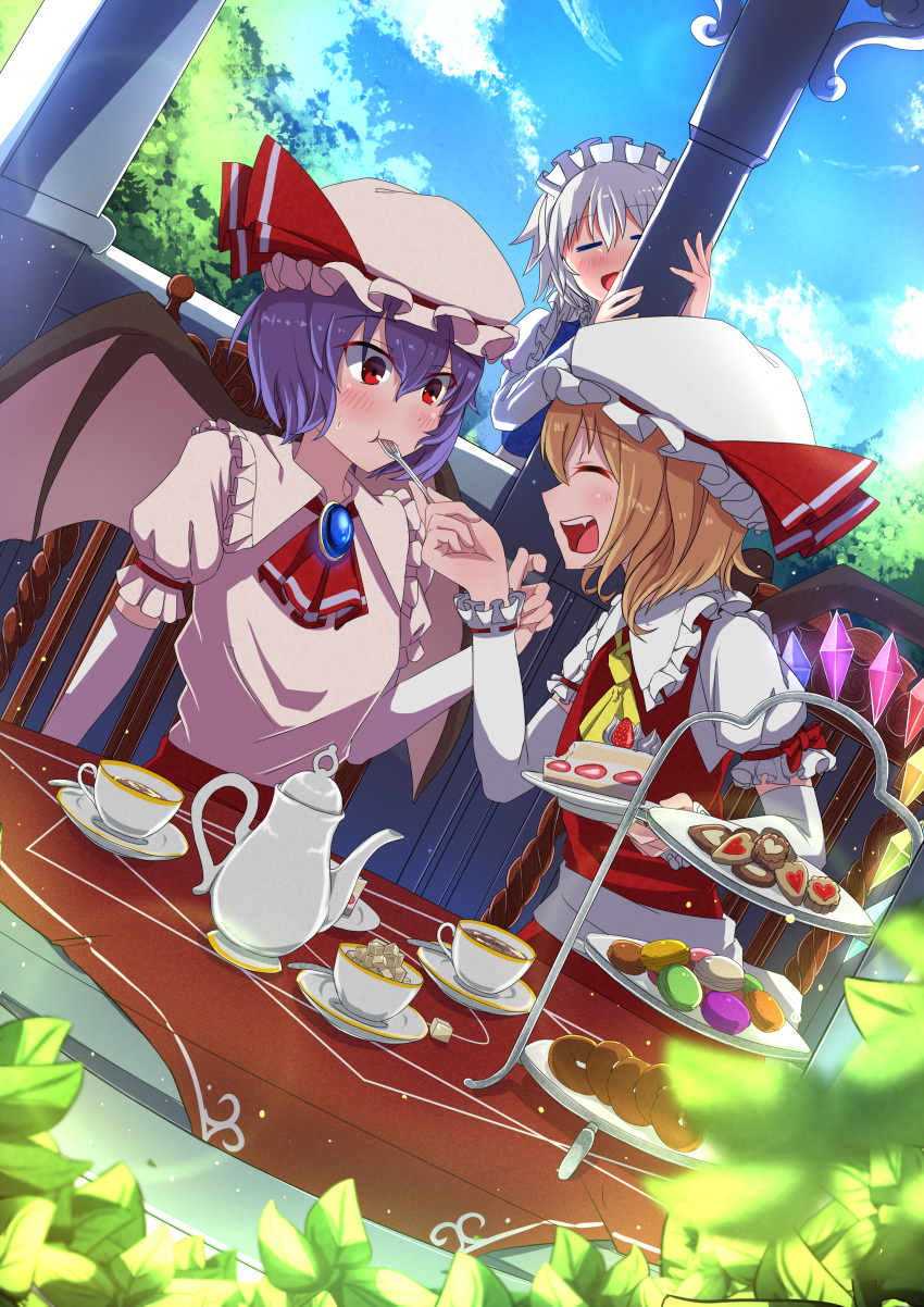 3girls absurdres blonde_hair blush closed_eyes cup day detached_sleeves facing_another fang feeding flandre_scarlet fork grey_hair hat highres holding holding_fork indoors izayoi_sakuya long_sleeves looking_at_another maid maid_headdress mob_cap multiple_girls open_mouth purple_hair red_eyes remilia_scarlet shimotsuki_aoi short_hair smile tea teacup teapot teeth touhou upper_teeth wings