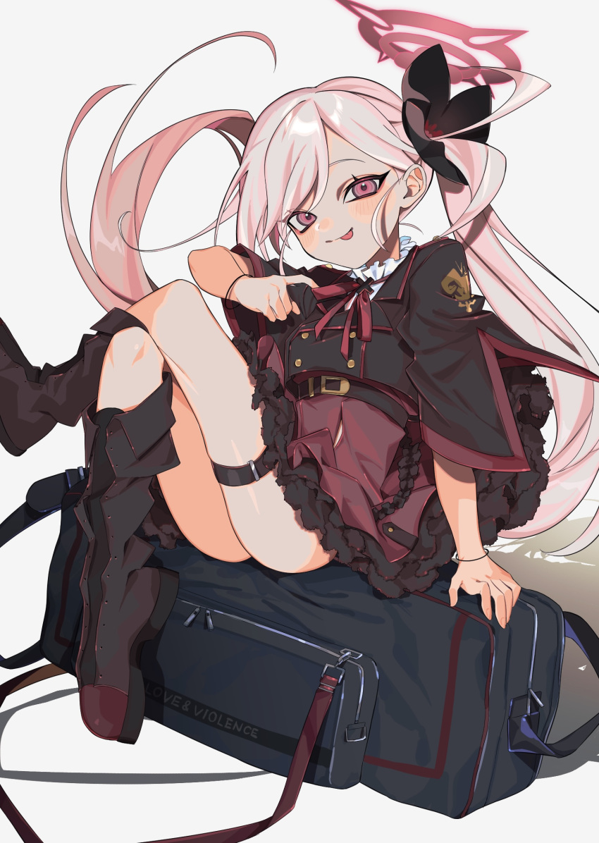 1girl bag black_bag black_flower blue_archive blush boots bracelet brown_footwear closed_mouth cross crossed_legs english_text eyelashes fingernails flower frills grey_background halo hamita_(rikopin_ika) highres jewelry long_eyelashes long_hair looking_at_viewer mutsuki_(blue_archive) pink_eyes pink_hair red_ribbon ribbon simple_background sitting skindentation solo thigh_strap tongue tongue_out very_long_hair zipper zipper_pull_tab