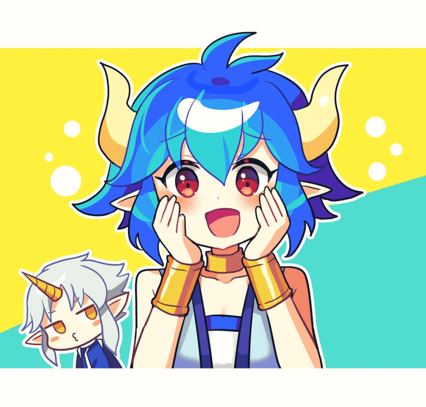 1boy 1girl ahoge blue_hair blush bracelet brown_eyes character_request choker collarbone horns jaan_(puyopuyo) jewelry looking_at_viewer offbeat open_mouth pointy_ears puyopuyo red_eyes short_hair sidelocks single_horn smile white_hair