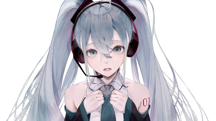 1girl absurdres aqua_eyes aqua_hair bare_shoulders blush detached_sleeves hair_between_eyes hands_up hatsune_miku headphones headset highres kisaragi_yaya long_hair looking_at_viewer necktie open_mouth solo tattoo twintails upper_body vocaloid white_background