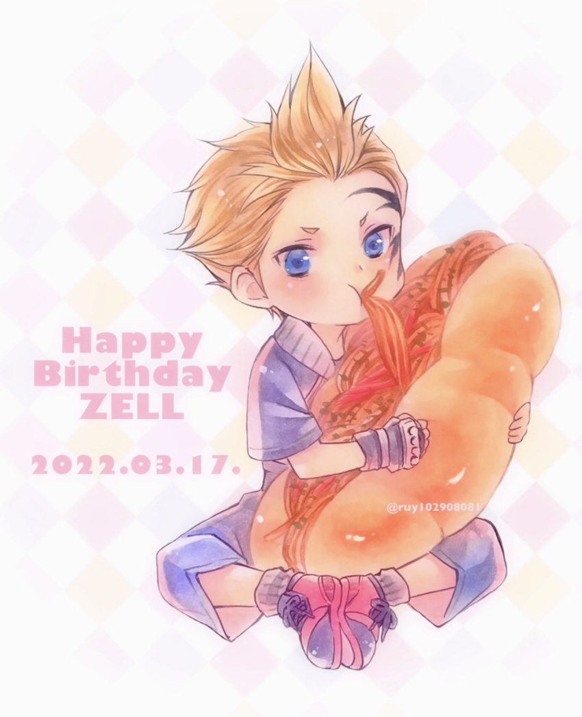 1boy black_gloves blonde_hair blue_eyes blue_shorts character_name checkered_background chibi dated eating facial_tattoo final_fantasy final_fantasy_viii fingerless_gloves food full_body full_mouth gloves happy_birthday highres holding holding_food hot_dog male_focus mohawk red_footwear ruy short_hair short_sleeves shorts sitting solo tattoo twitter_username zell_dincht
