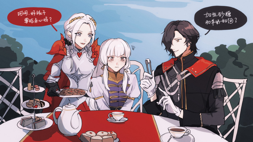 1boy 2girls bangs black_hair blush cake cape chinese_text closed_mouth dress edelgard_von_hresvelg fire_emblem fire_emblem:_three_houses fire_emblem_warriors:_three_hopes food gloves hair_ornament hair_over_one_eye highres hubert_von_vestra long_hair long_sleeves lysithea_von_ordelia multiple_girls official_alternate_costume official_alternate_hairstyle open_mouth pink_eyes ribbon short_hair smile translation_request upper_body white_hair yuu_(primalmxy)