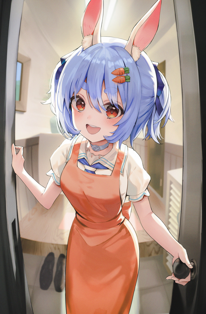 1girl :d absurdres animal_ears apron bangs blue_hair blue_neckerchief blue_ribbon blurry blush bunny-shaped_pupils carrot_hair_ornament collar commentary_request depth_of_field door doorknob entrance eyes_visible_through_hair fisheye food-themed_hair_ornament grey_collar hair_between_eyes hair_ornament hair_ribbon highres hololive indoors lnji_(rnlwls34) looking_at_viewer neckerchief official_alternate_costume opening_door orange_apron orange_eyes picture_(object) picture_frame pov puffy_short_sleeves puffy_sleeves rabbit_ears rabbit_girl ribbon round_teeth sailor_collar shiny shiny_hair shoes shoes_removed short_eyebrows short_hair short_sleeves short_twintails sidelocks smile solo standing symbol-shaped_pupils teeth thick_eyebrows twintails upper_teeth usada_pekora virtual_youtuber white_sailor_collar