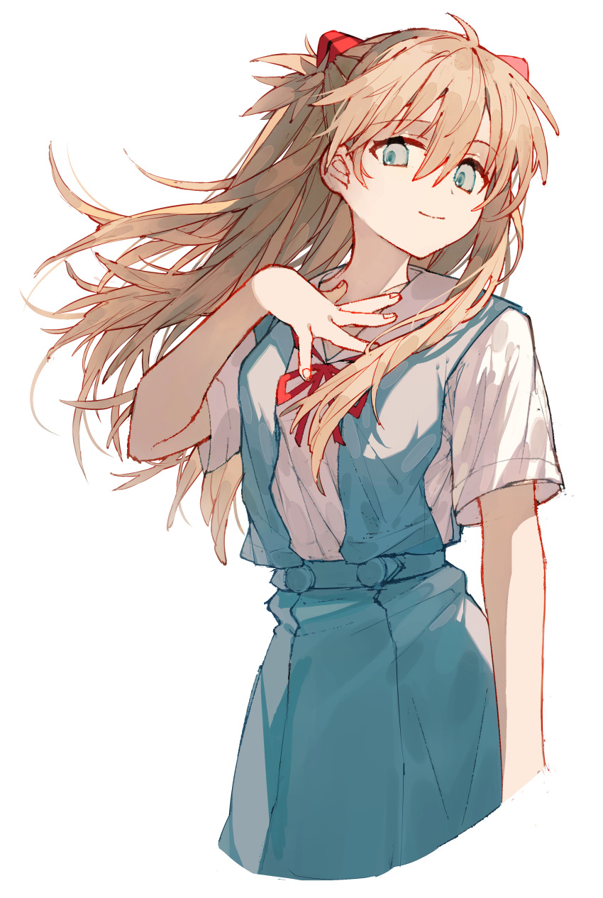1girl absurdres blue_eyes blue_skirt breasts closed_mouth cone_hair_bun cropped_legs deep_(deep4946) hair_bun hand_on_own_chest highres light_brown_hair light_smile long_hair looking_at_viewer looking_to_the_side neck_ribbon neon_genesis_evangelion red_ribbon ribbon shirt short_sleeves simple_background skirt small_breasts solo souryuu_asuka_langley suspender_skirt suspenders white_background white_shirt