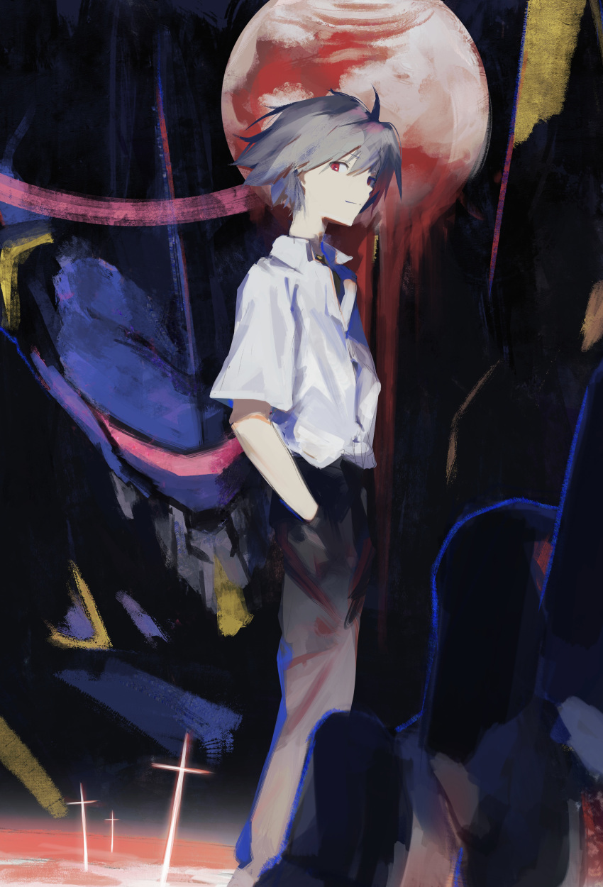 1boy 7ife absurdres black_pants closed_mouth cross eva_01 full_moon grey_hair hair_between_eyes hand_in_pocket highres male_focus mecha moon nagisa_kaworu neon_genesis_evangelion pants red_eyes red_moon robot school_uniform shirt short_sleeves tokyo-3_middle_school_uniform white_shirt